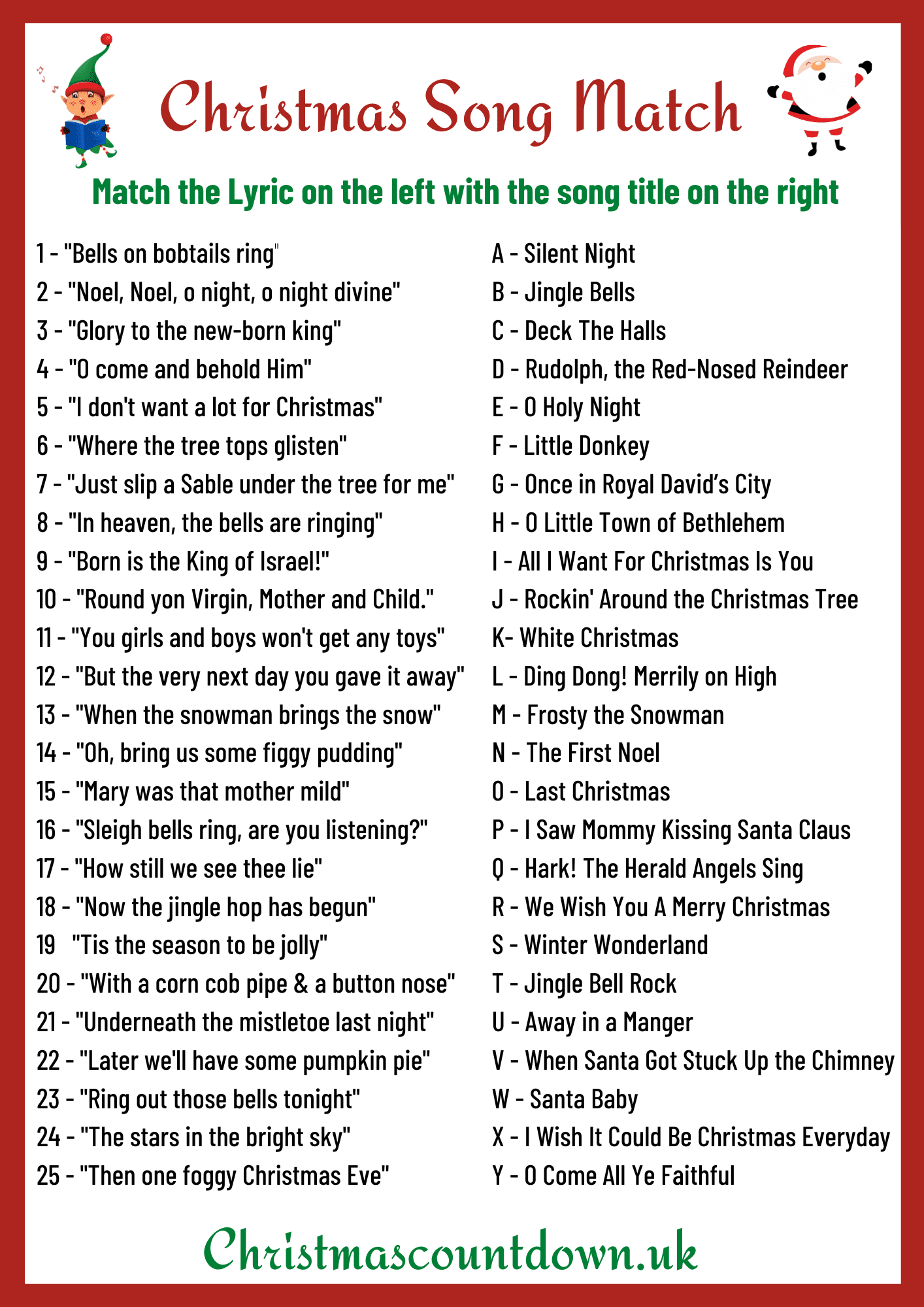 christmas-song-matching-game-free-printable for Finish The Christmas Song Lyrics Game Printable Free With Answers Christmas Song Matching Game - Free Printable for Finish The Christmas Song Lyrics Game Printable Free With Answers